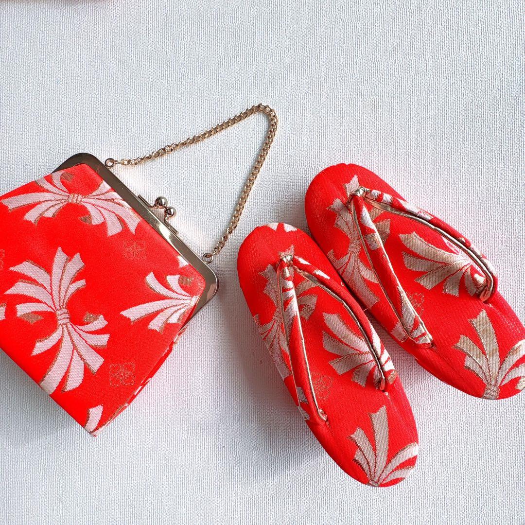 フルセット　七五三７歳女の子　着物　朱地　薄手　緑袋帯　小物セット　51919