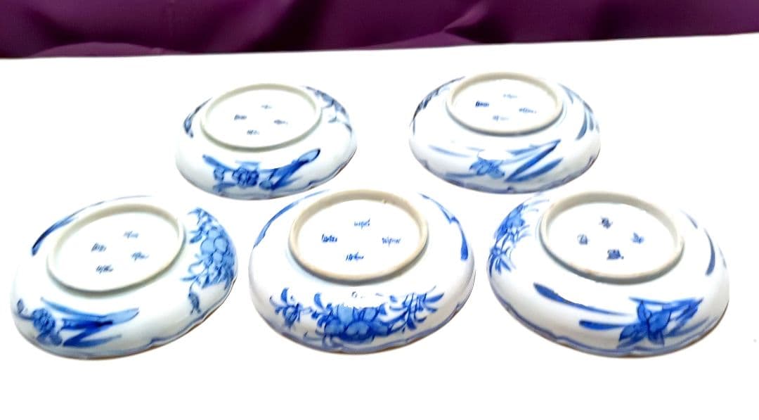 色絵窓絵獅子雀文稜花小皿(見込みに藍の松葉)5枚セット