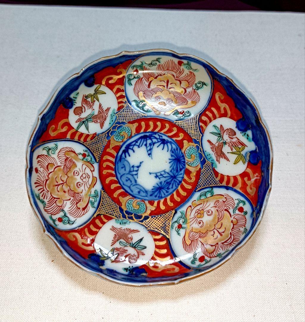 色絵窓絵獅子雀文稜花小皿(見込みに藍の松葉)5枚セット