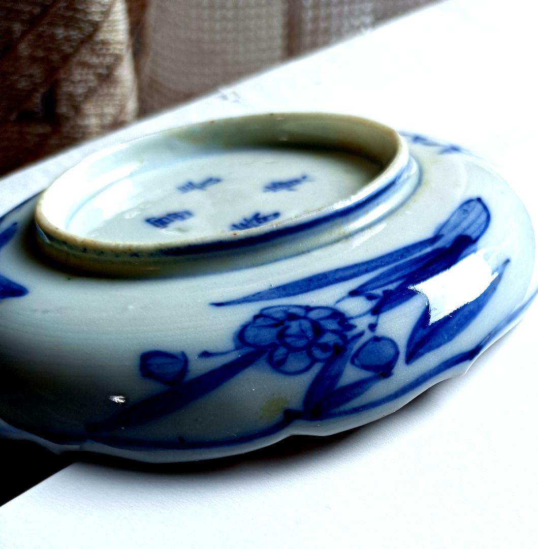 色絵窓絵獅子雀文稜花小皿(見込みに藍の松葉)5枚セット