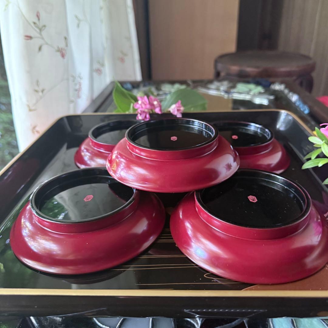 2168様感謝‼️愛蔵品渾身のJAPAN WAJIMA 輪島 塗師特製在銘椿皿5客