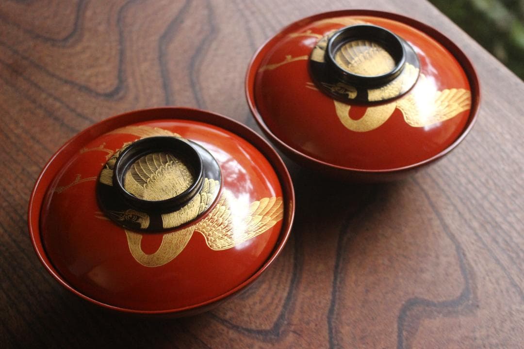 時代逸品！時代日の出塗に極上鶴沈金の映えるお椀2点（検輪島塗雑煮椀