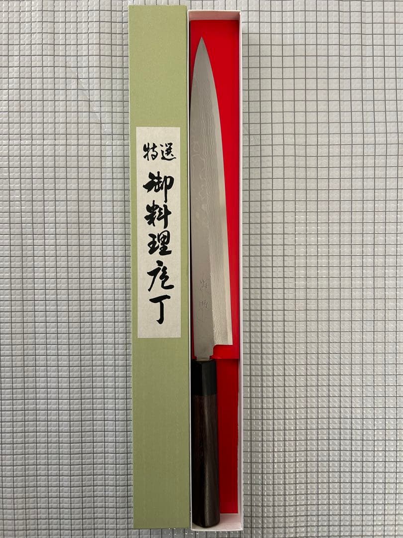 仙助 包丁 柳刃包丁 ダマスカス 安来鋼白紙２号 270mm 紫檀シノギ柄③