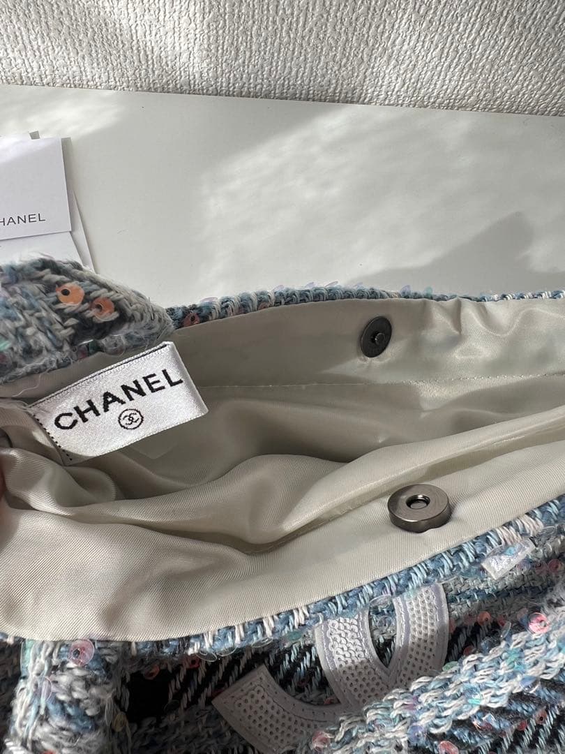 CHANELシャネル ココマークツイードスパンコール トートバッグ　ブルー