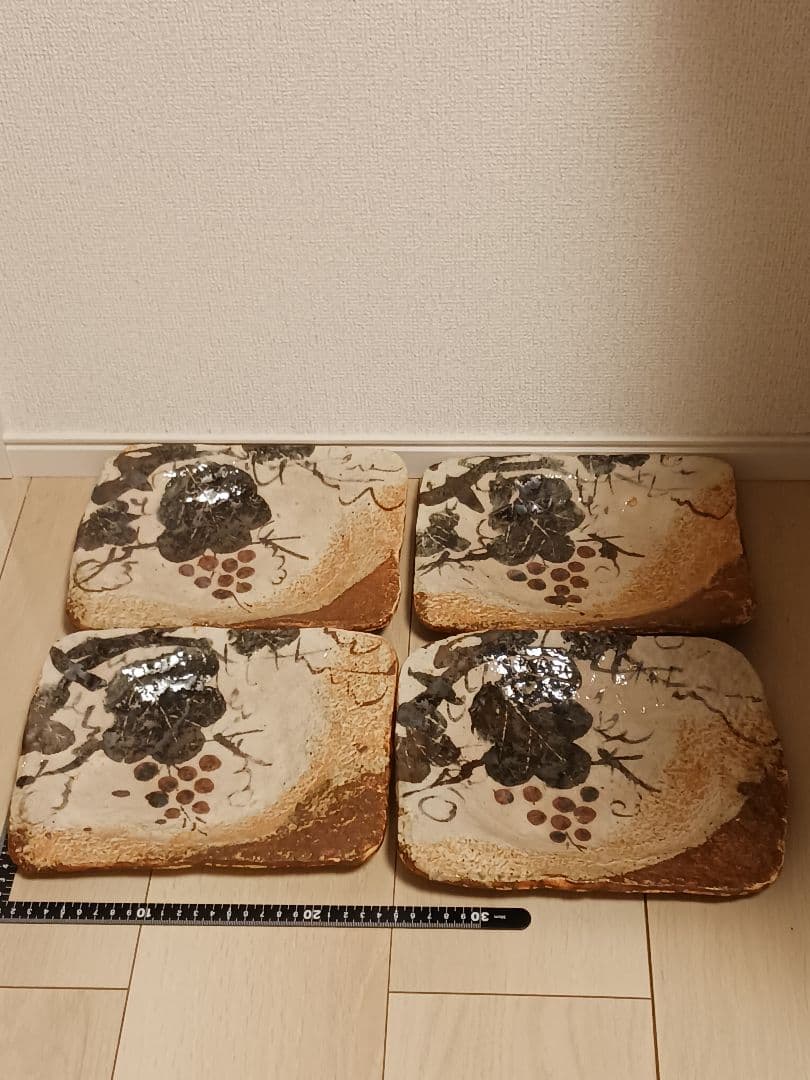 美濃焼 織部 魯山人写し 葡萄絵 角皿 佐藤和次 4点 まとめ売り