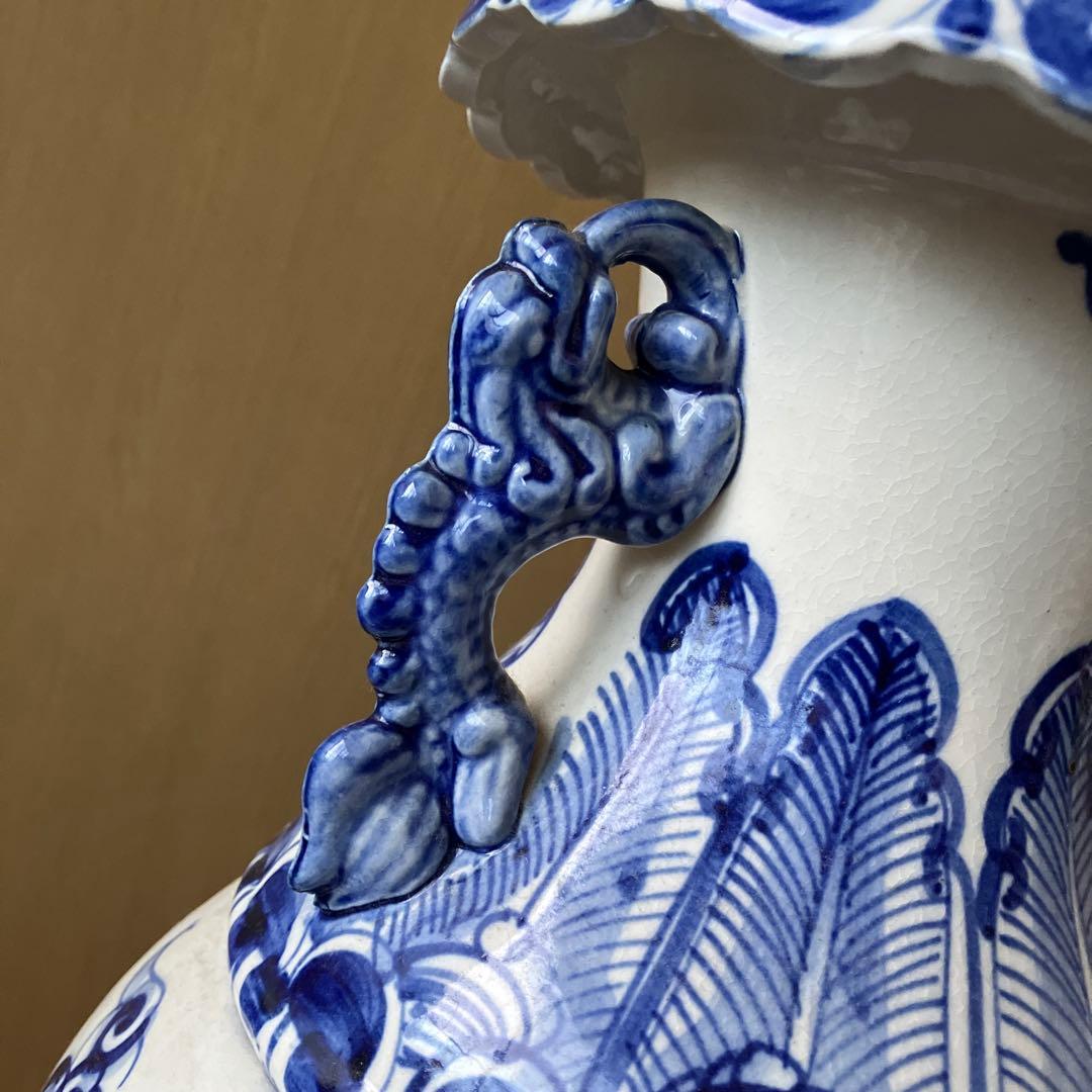 中国　古美術　染付大花瓶　唐物　双耳　透かし彫り　骨董