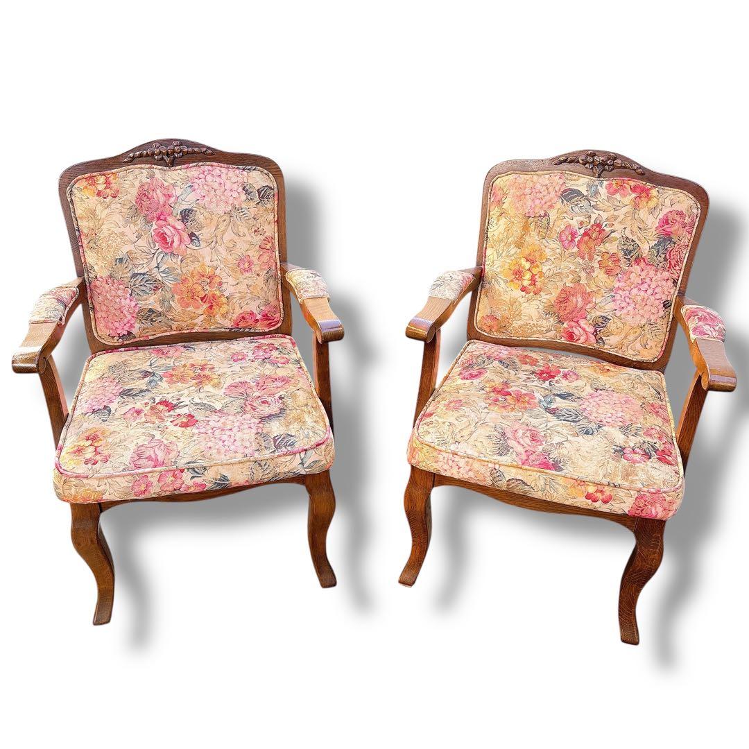 アンティーク 猫脚風 木製 肘掛チェア 2脚セット 花柄 店舗什器