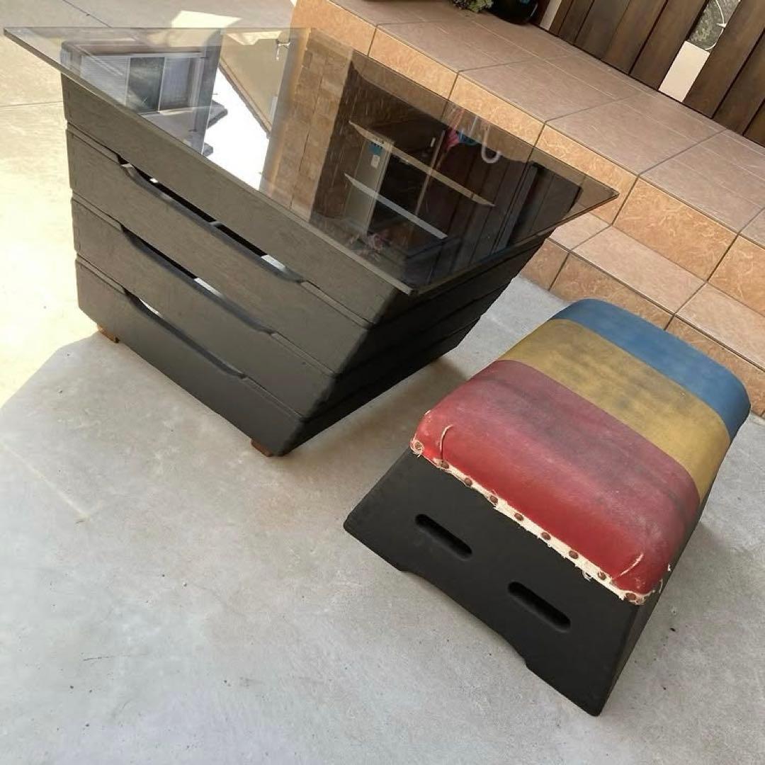 【希少】跳び箱テーブル　イス　ベンチ　本物　リメイク　アンティーク