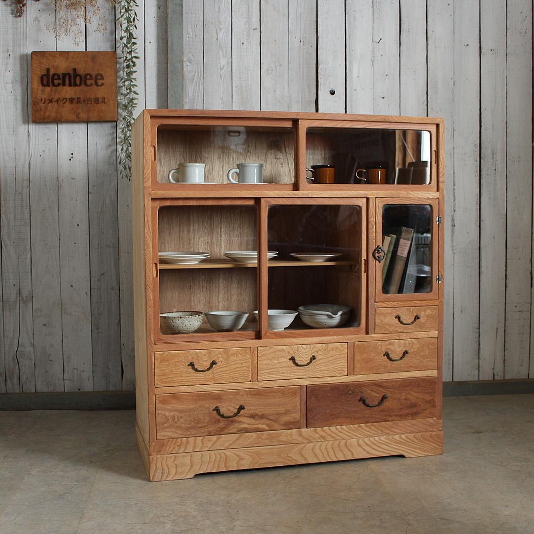 古い木枠のガラス戸棚　木製引き出し6杯　食器棚　本棚　キャビネット　古家具