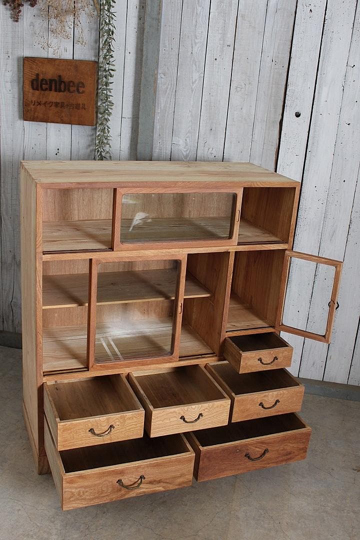 古い木枠のガラス戸棚　木製引き出し6杯　食器棚　本棚　キャビネット　古家具