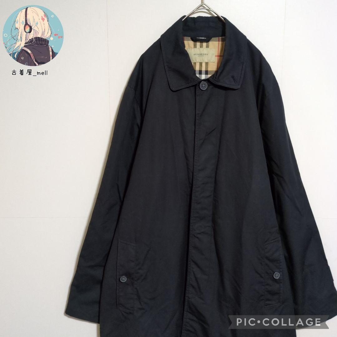 バーバリーロンドン　ステンカラーコート　黒　ノバチェック　ベルト付き　XL