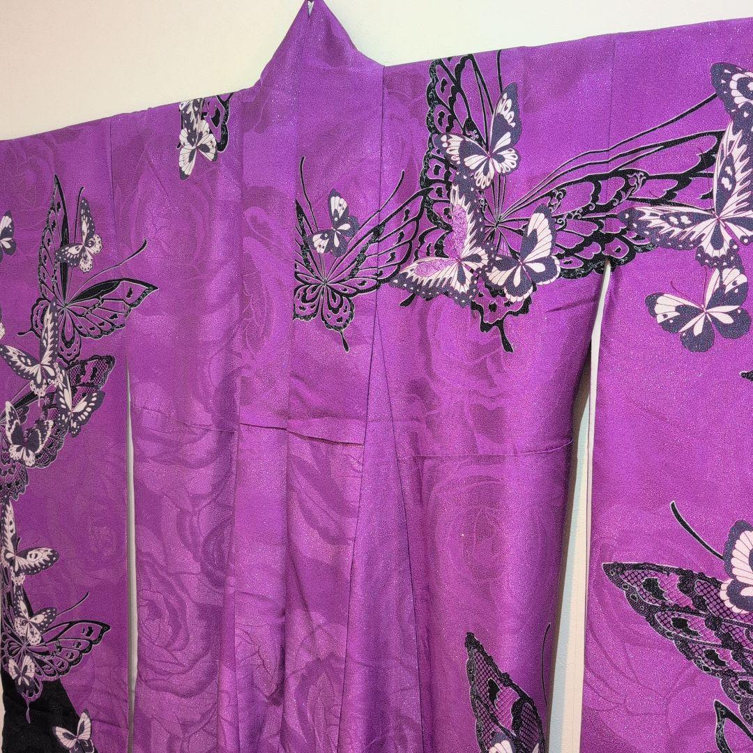 【美品】紫と黒の蝶模様の振袖＆帯のセット