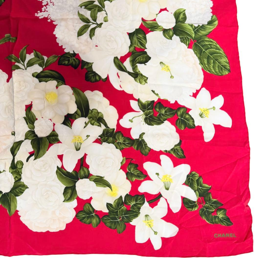 【極美品】シャネル 大判 スカーフ フラワー カメリア シルク100% レッド系