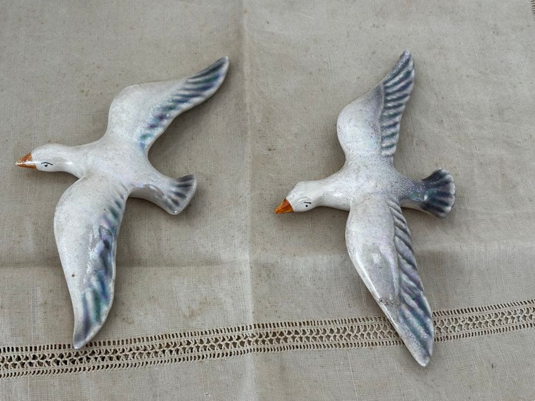 フランス　蚤の市　カモメ　鳥　オーナメント　二羽　ブロカント　陶器製