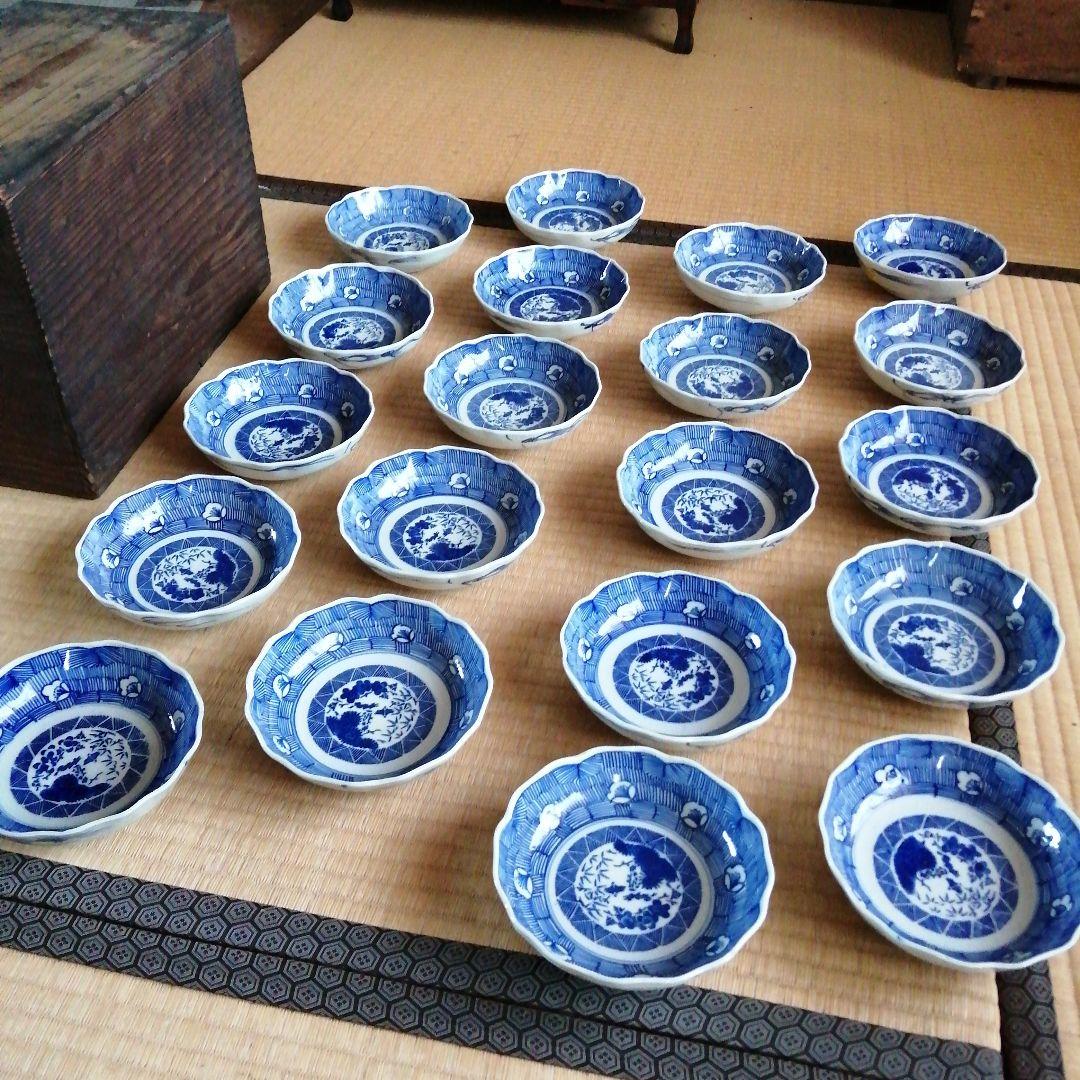 古伊万里　染付線描膾皿　20枚　14.5cm　幕末〜明治初期