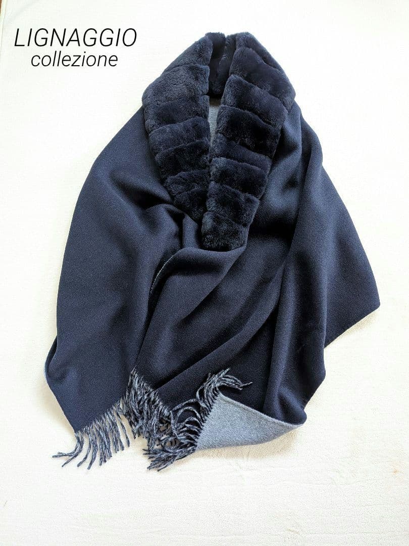 リナージオ　最高級　ファー付き大判ストール　リバーシブル　カシミヤ混