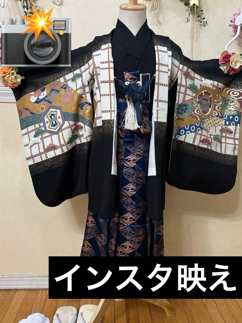 七五三五歳‼️黒地豪華着物 男の子 鷹　袴 完全️フルセット‼️お家から揃える無し逸品
