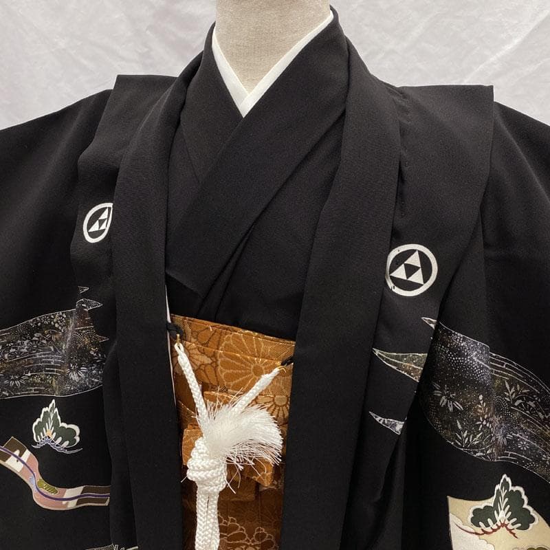 509ab49◎七五三 五歳 男児 着物&羽織&袴&角帯&長襦袢 黒◎美品