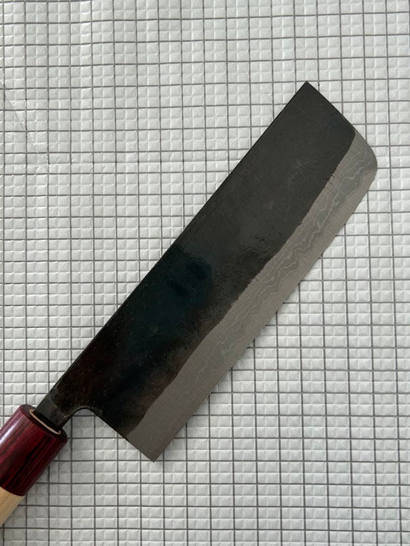 包丁 菜切包丁 菜切 ダマスカス 安来鋼青紙２号 165mm 黒打ち 朴丸柄