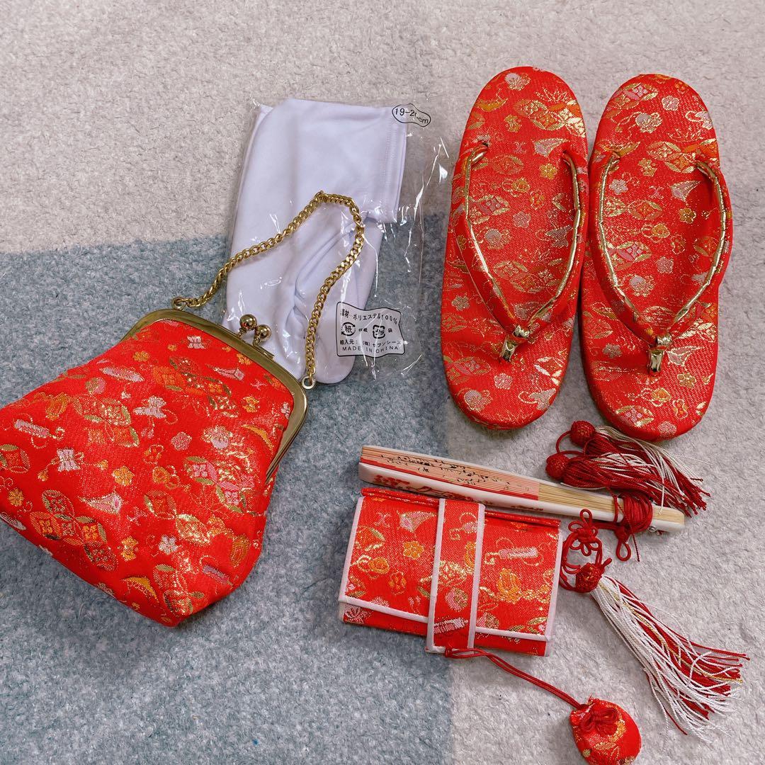 七五三 7歳 正絹 着物 帯 バッグ 草履 小物 フルセット 黒×赤