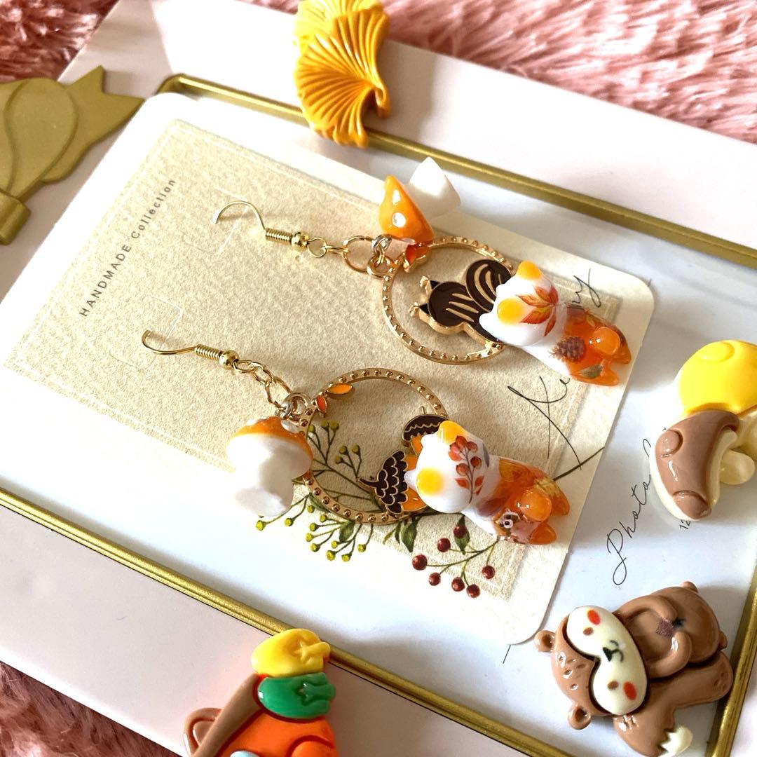 ☆きのこユラユラautumn猫ちゃんピアス☆