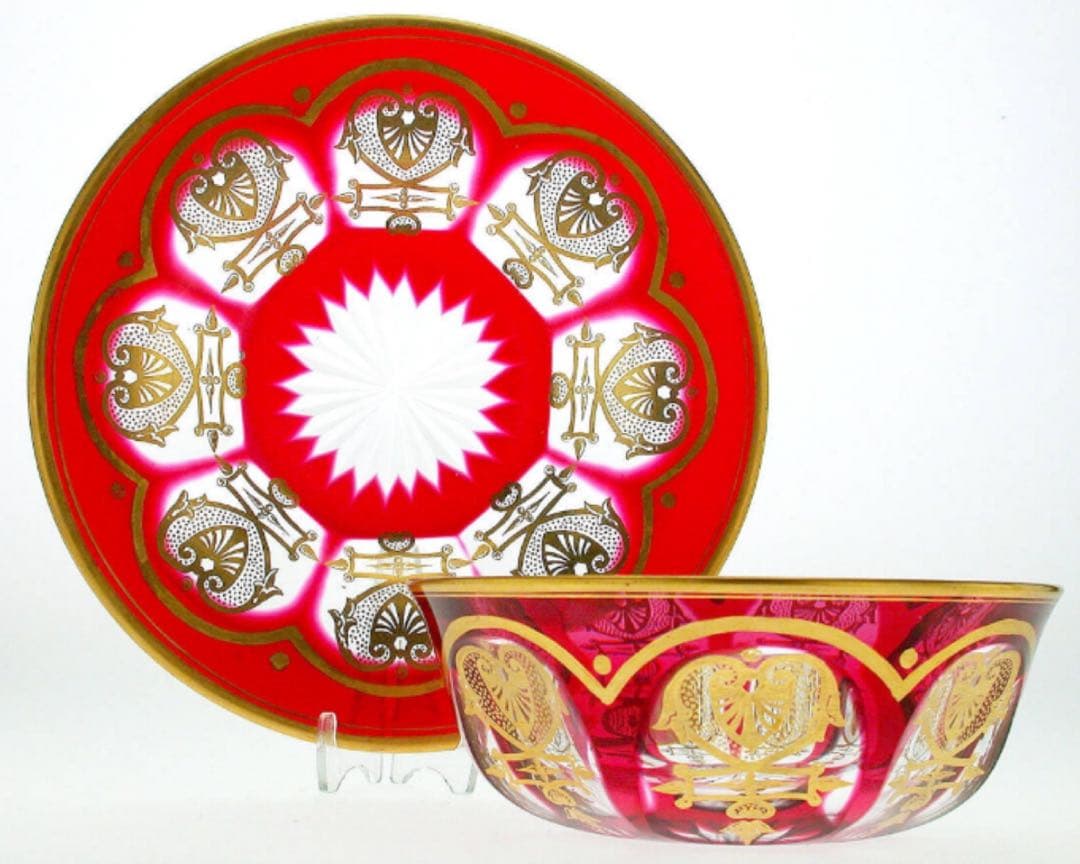 オールドバカラ　赤　金赤金彩帝政様式装飾紋　ラージボール&プレート　アンティーク
