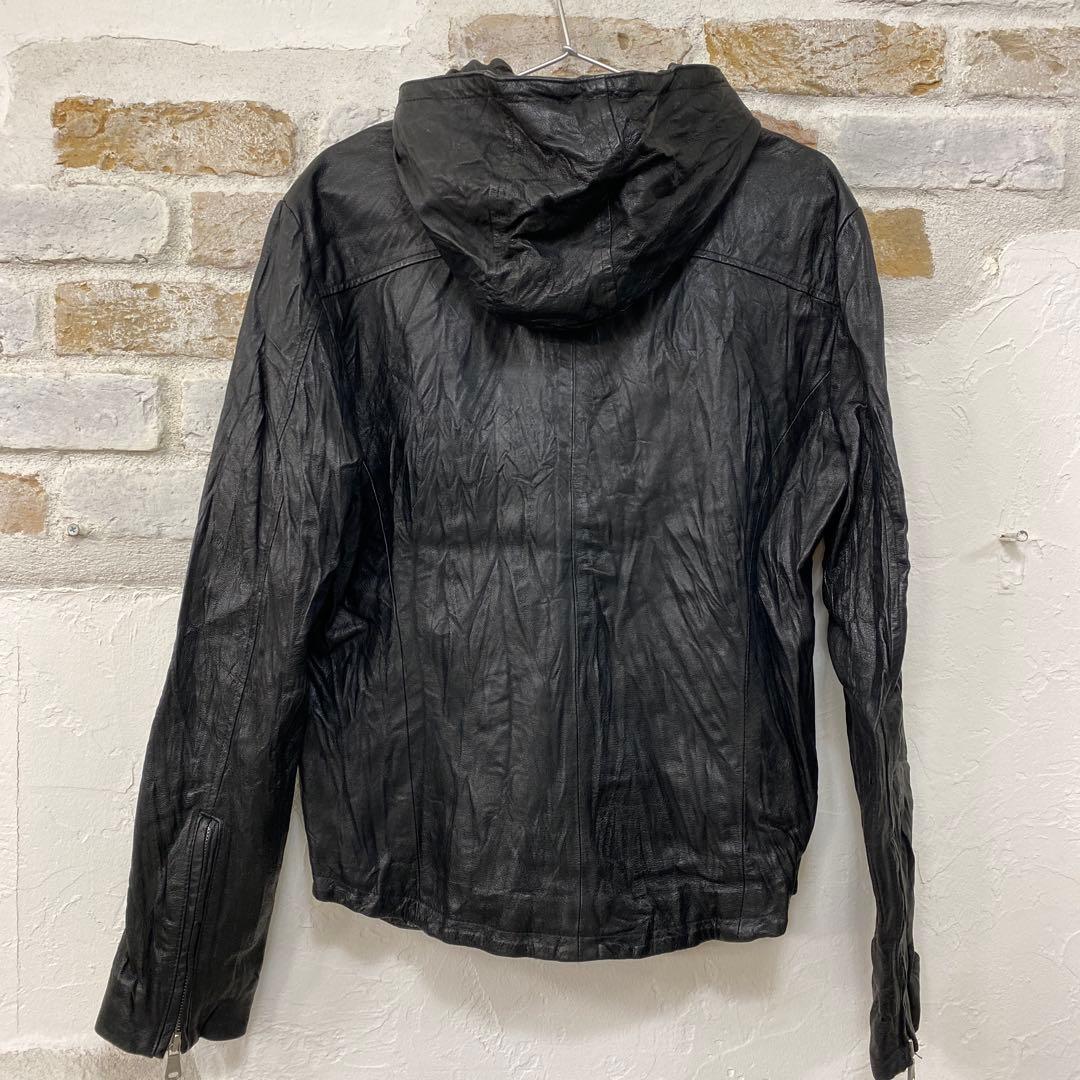 美品豚革　黒 シワ加工フード付き レザーシングルライダース　L