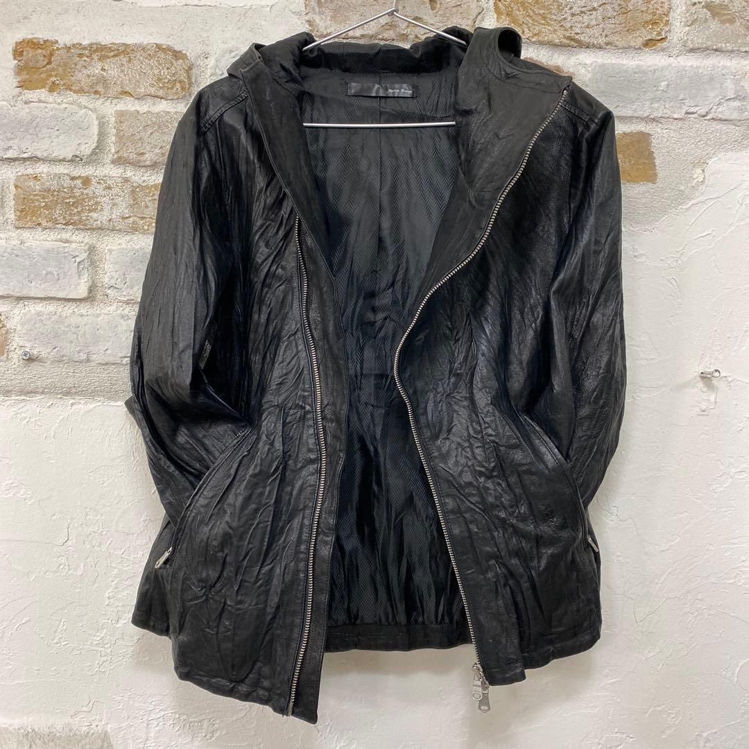美品豚革　黒 シワ加工フード付き レザーシングルライダース　L