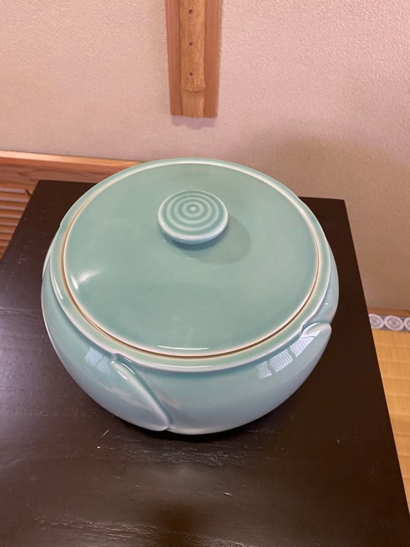 茶道具/水指 加藤藤山『捻梅』青磁 塗蓋　共箱
