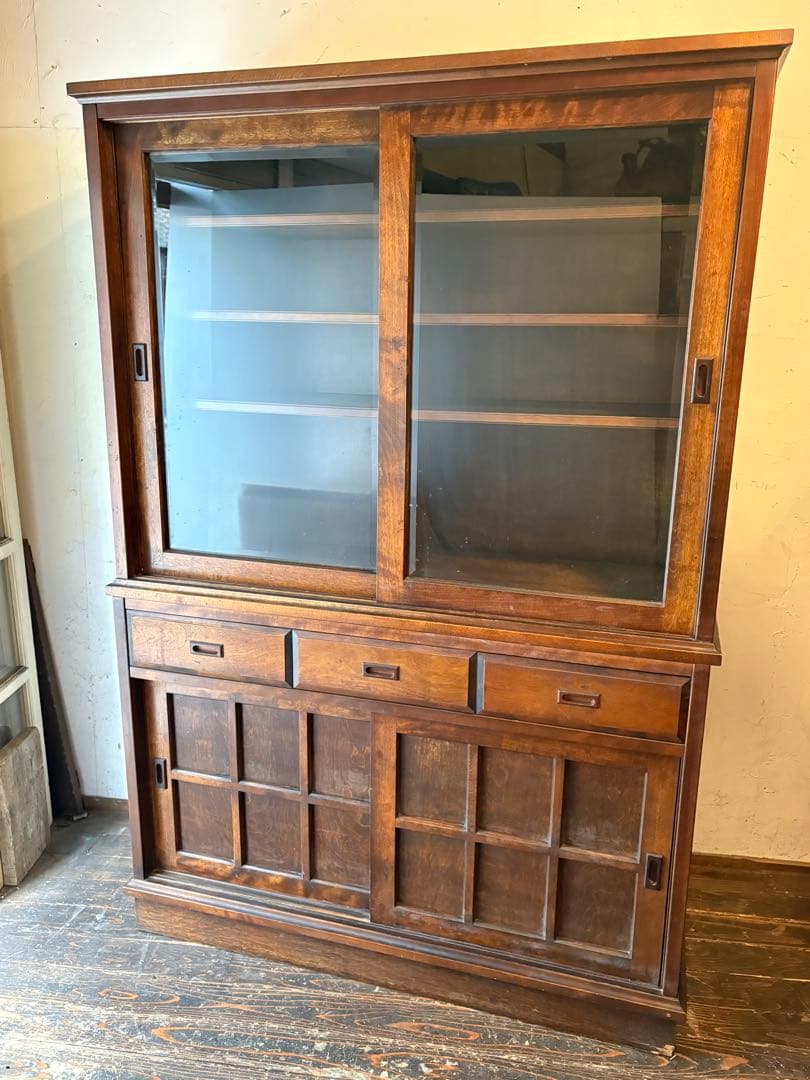 木製ガラスキャビネット 収納棚 食器棚 アンティーク 昭和レトロ