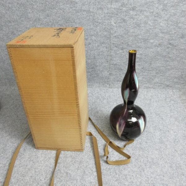 九谷焼糠川清章鶴首花瓶共箱 [B28321]