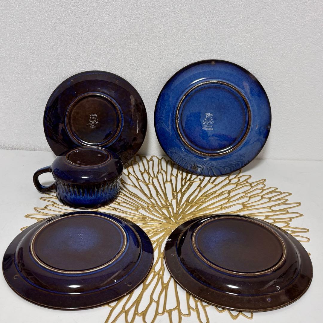 ゲフレ　コスモス　濃紺の食器セット 4点（皿3枚、カップandソーサ1セット）