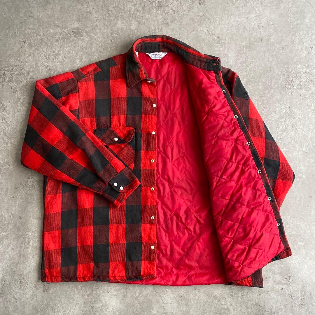70s FIVEBROTHER キルティング ネルシャツ USA製 赤×黒 XL