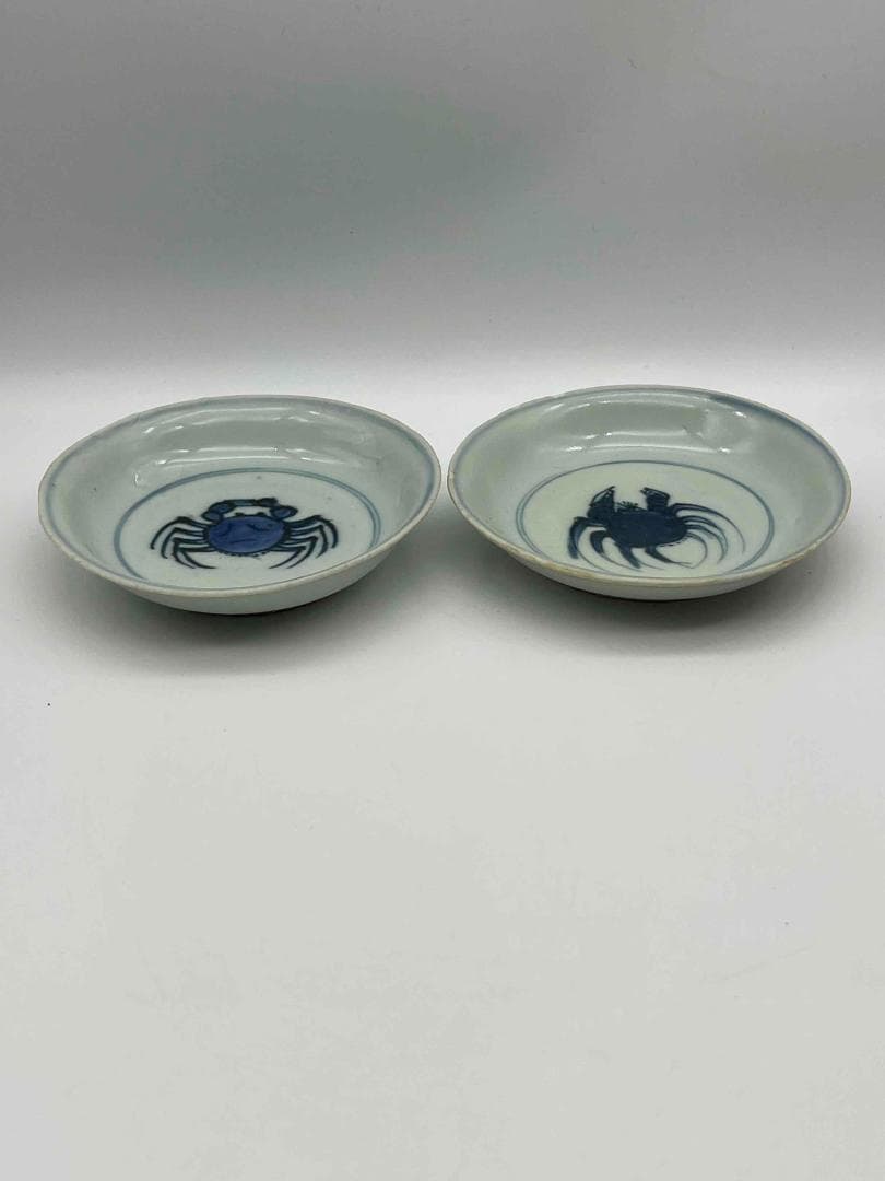 明時代　染付 青花蟹文盤一対　【希少貴重】【旧家蔵出し】　古染付皿(B-48)