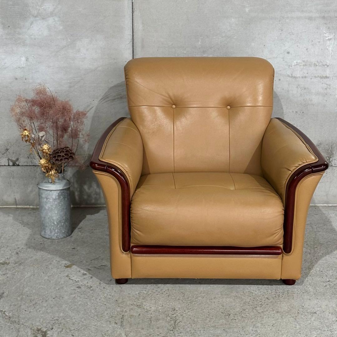 ✦昭和レトロ✦ミッドセンチュリー 1人掛けソファー木製フレーム ベージュ合成皮革