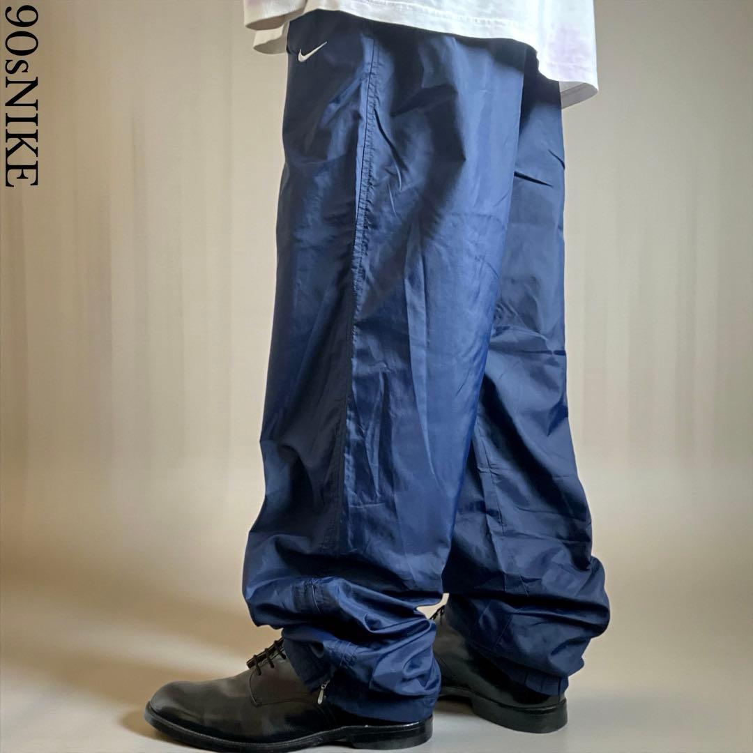 90s OLD NIKE ワイドナイロントラックパンツ 裏地付き ネイビー