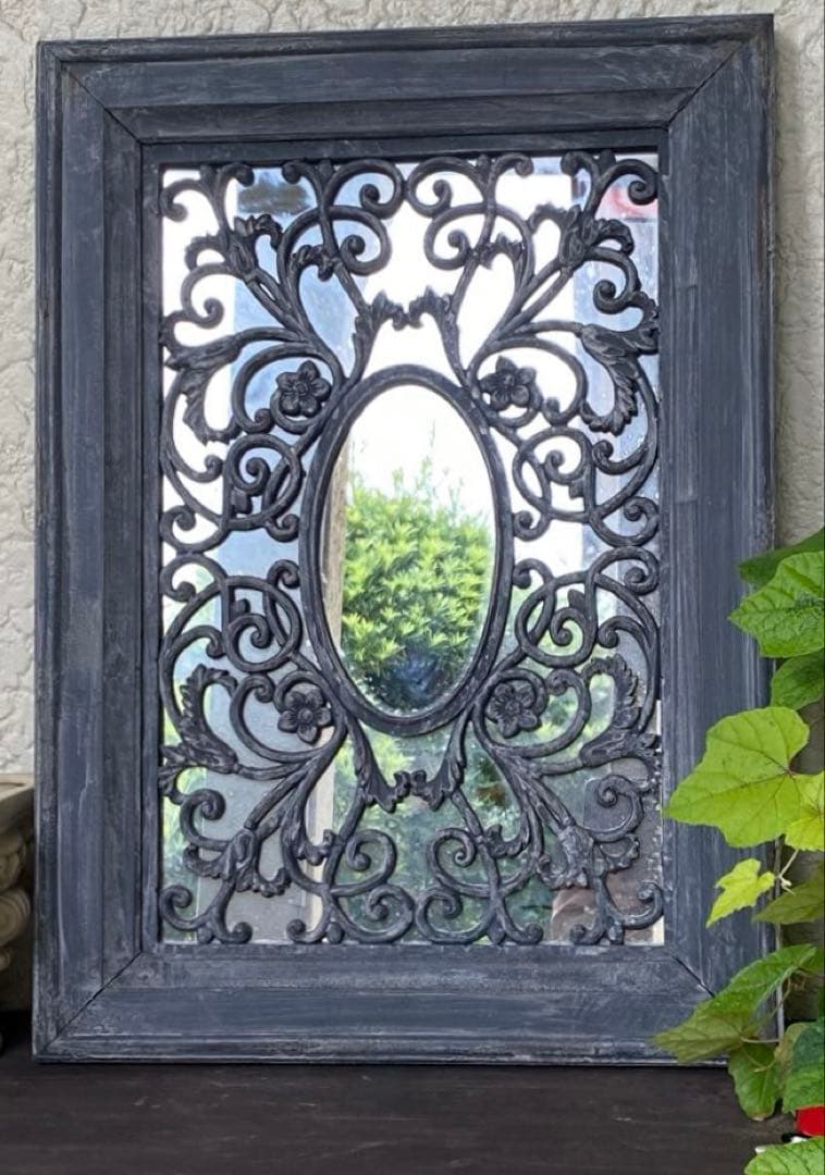 ヴィンテージ風　木製装飾ミラー 長方形 グレー