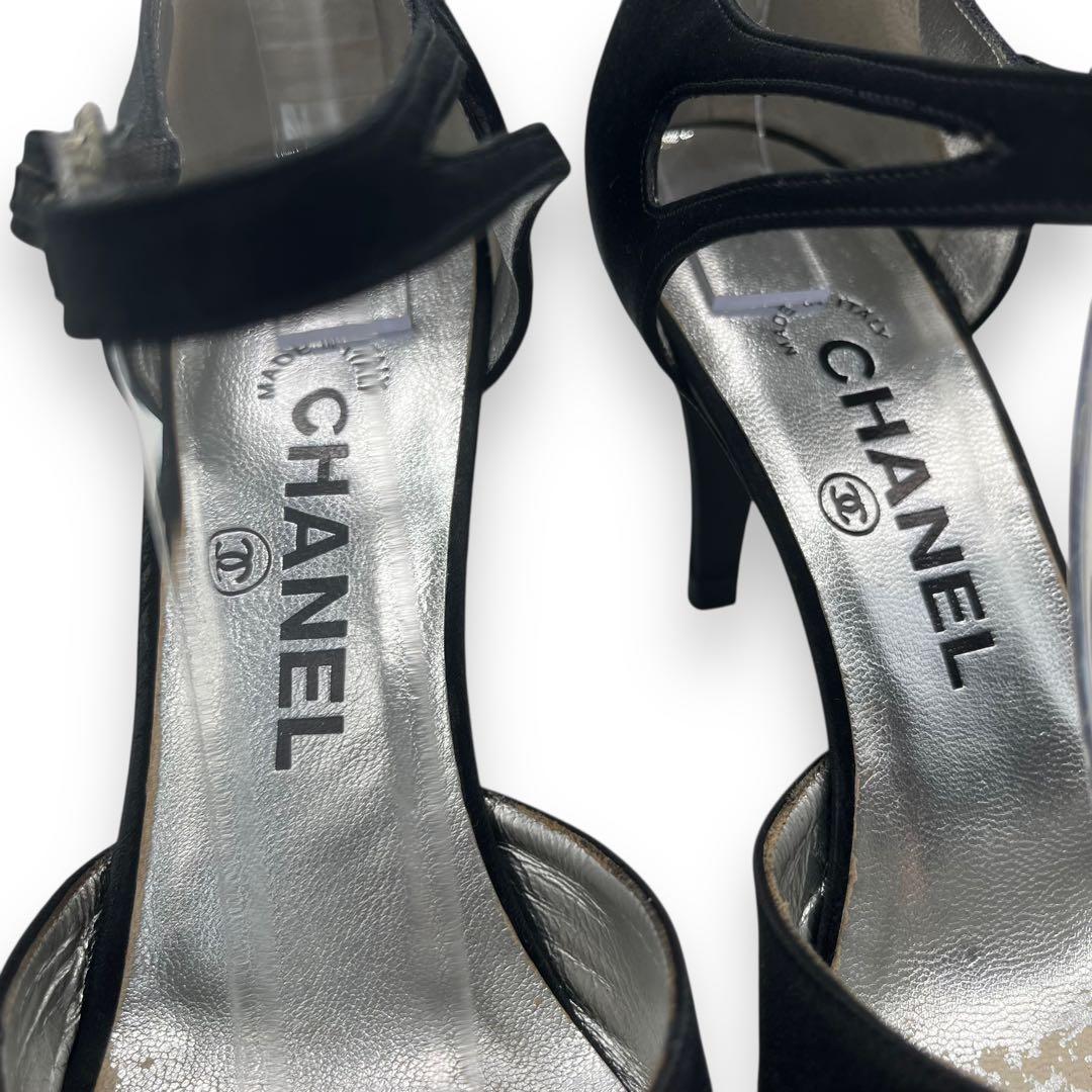 美品■シャネル　サテン地　パンプス　ブラック　ココマーク　アンクルストラップ