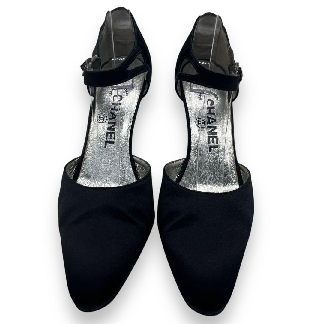 美品■シャネル　サテン地　パンプス　ブラック　ココマーク　アンクルストラップ