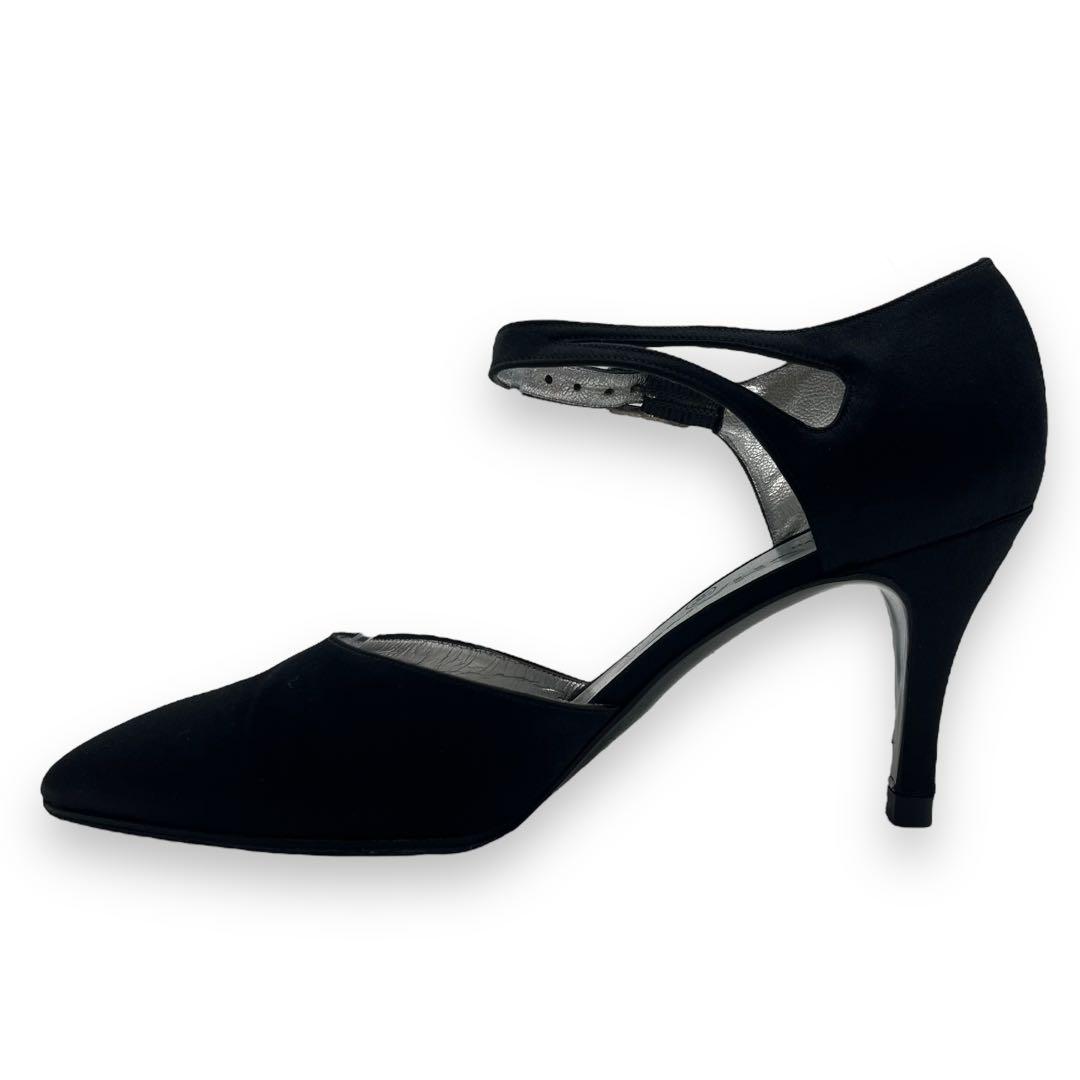 美品■シャネル　サテン地　パンプス　ブラック　ココマーク　アンクルストラップ