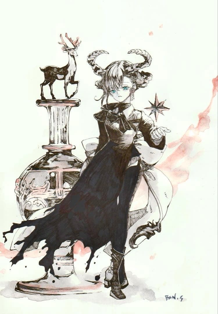 手描きイラスト オリジナル ペン画 星集め 角 少女 B5