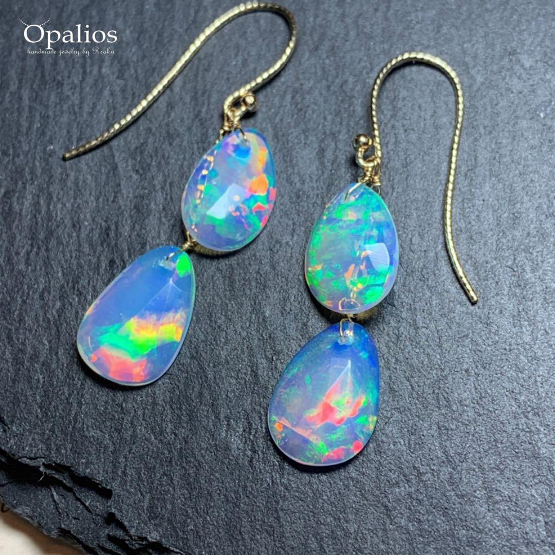 宝石質ローズカットプレシャスオパール k10ロングフックピアス