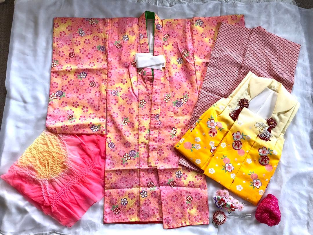 七五三 3歳女児セット　つまみ細工　髪飾り　桜柄　ピンク　みかん色　753 着物