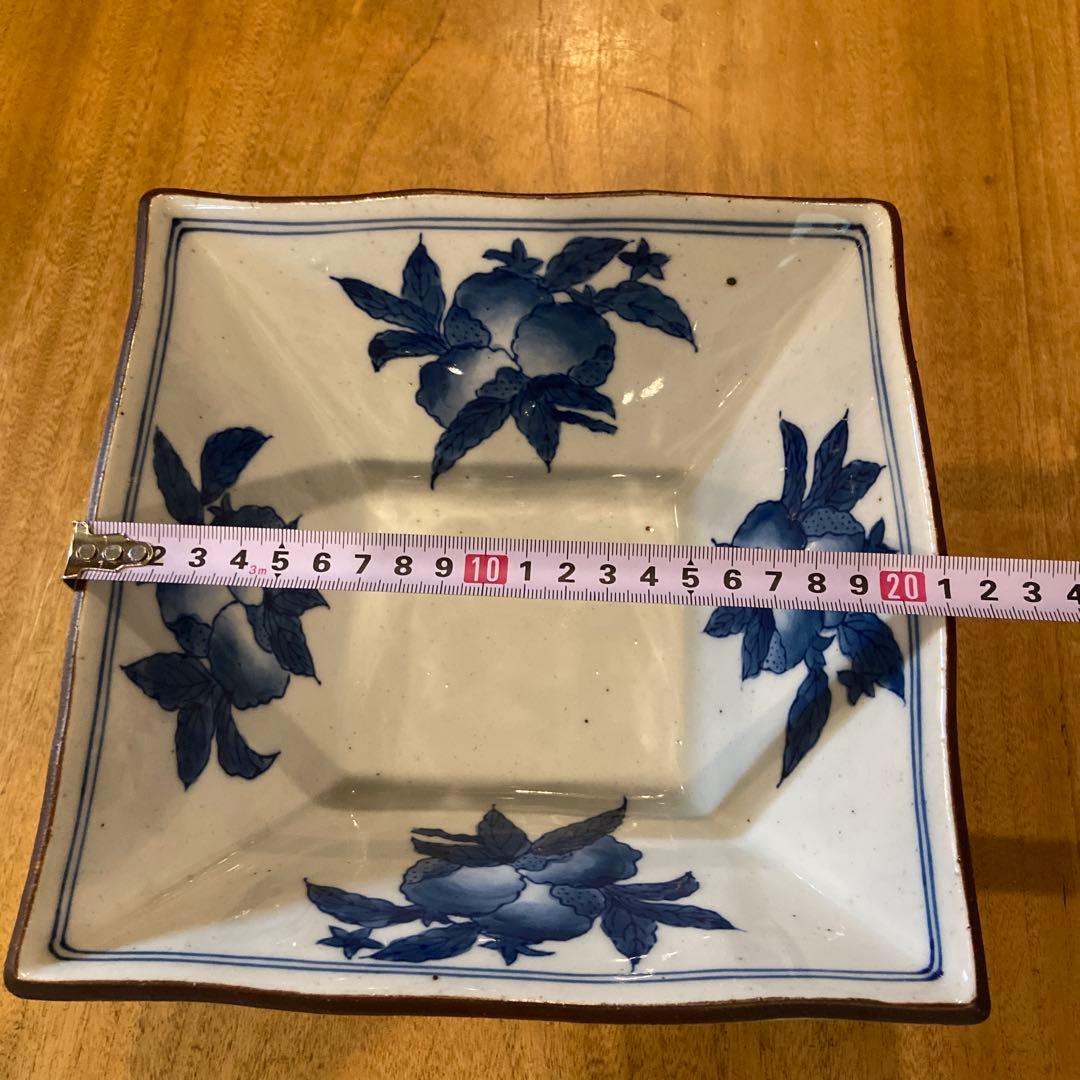 福泉窯昭和期枇杷絵付緑釉四角深鉢