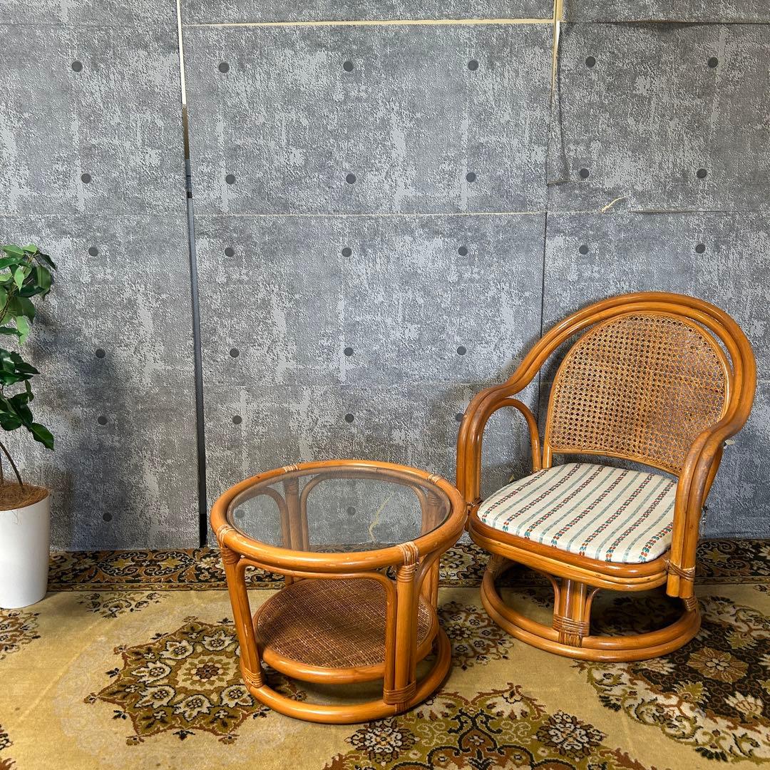 ꧁籐家具꧂回転式ラタン高座椅子&ガラステーブルセット アーム チェア クッション