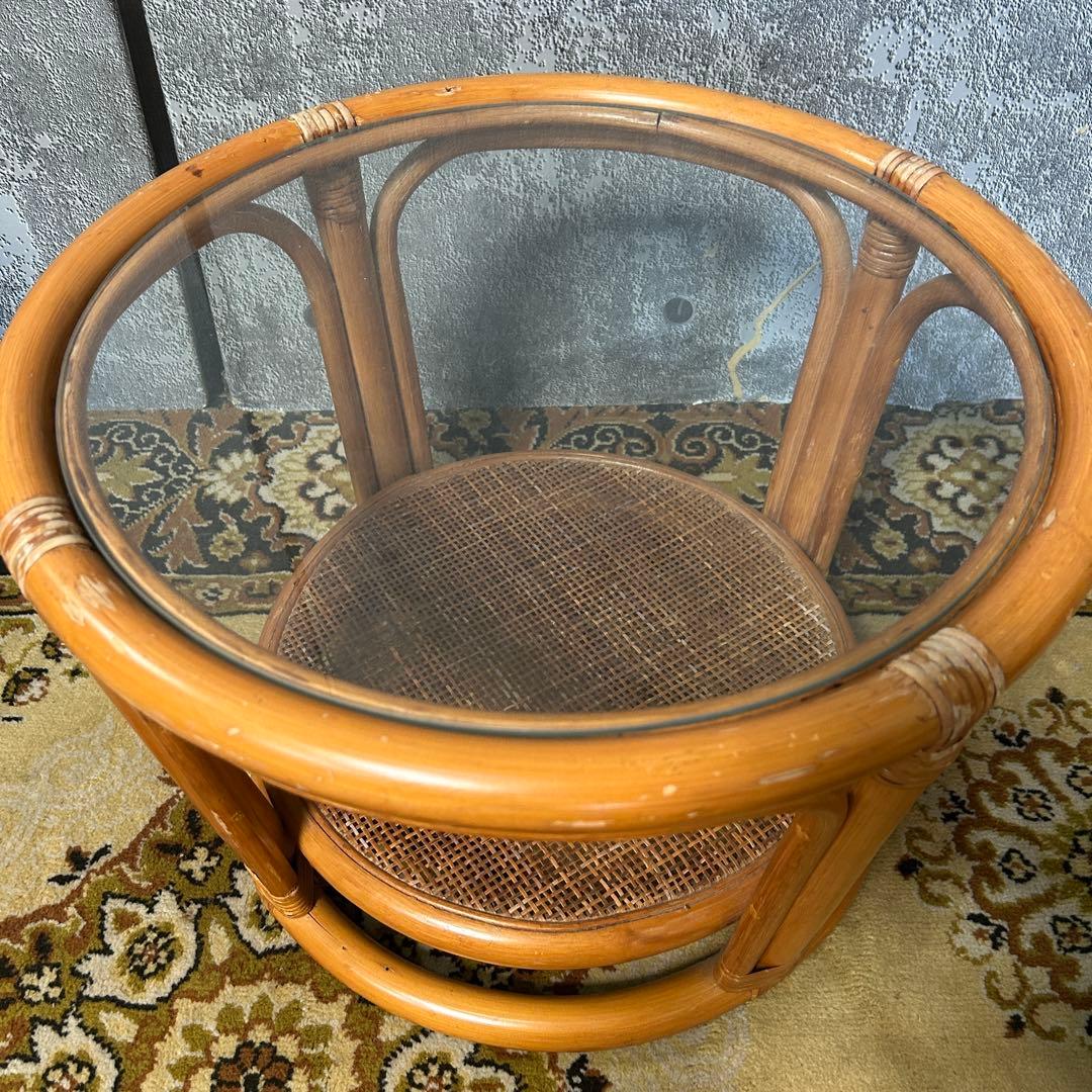 ꧁籐家具꧂回転式ラタン高座椅子&ガラステーブルセット アーム チェア クッション