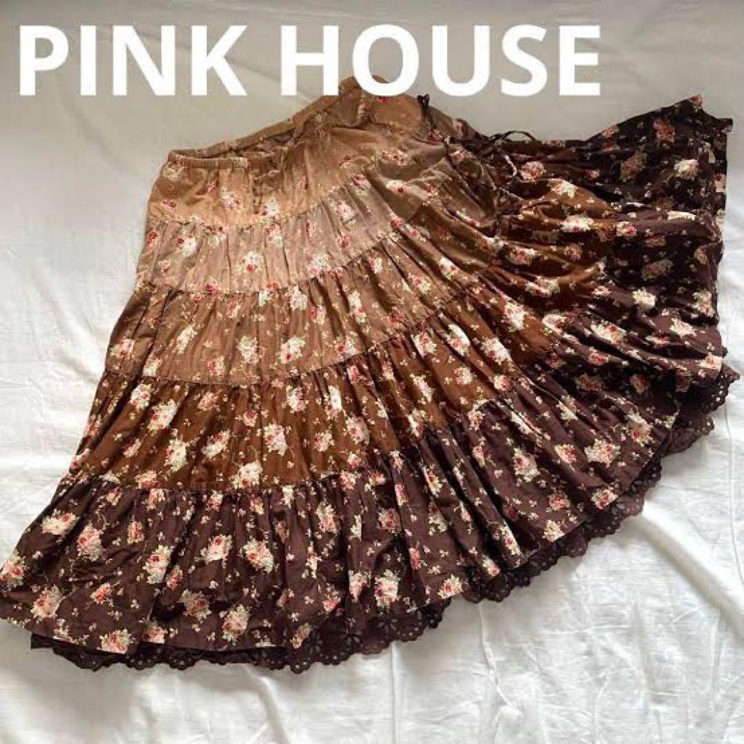 ピンクハウス ブラウン たくし上げリボン　グラデーション綿ローンスカート
