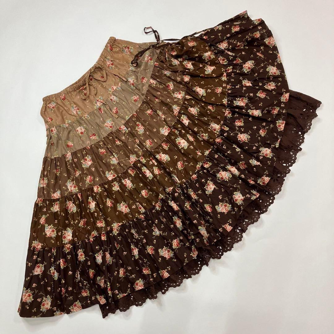 ピンクハウス ブラウン たくし上げリボン　グラデーション綿ローンスカート