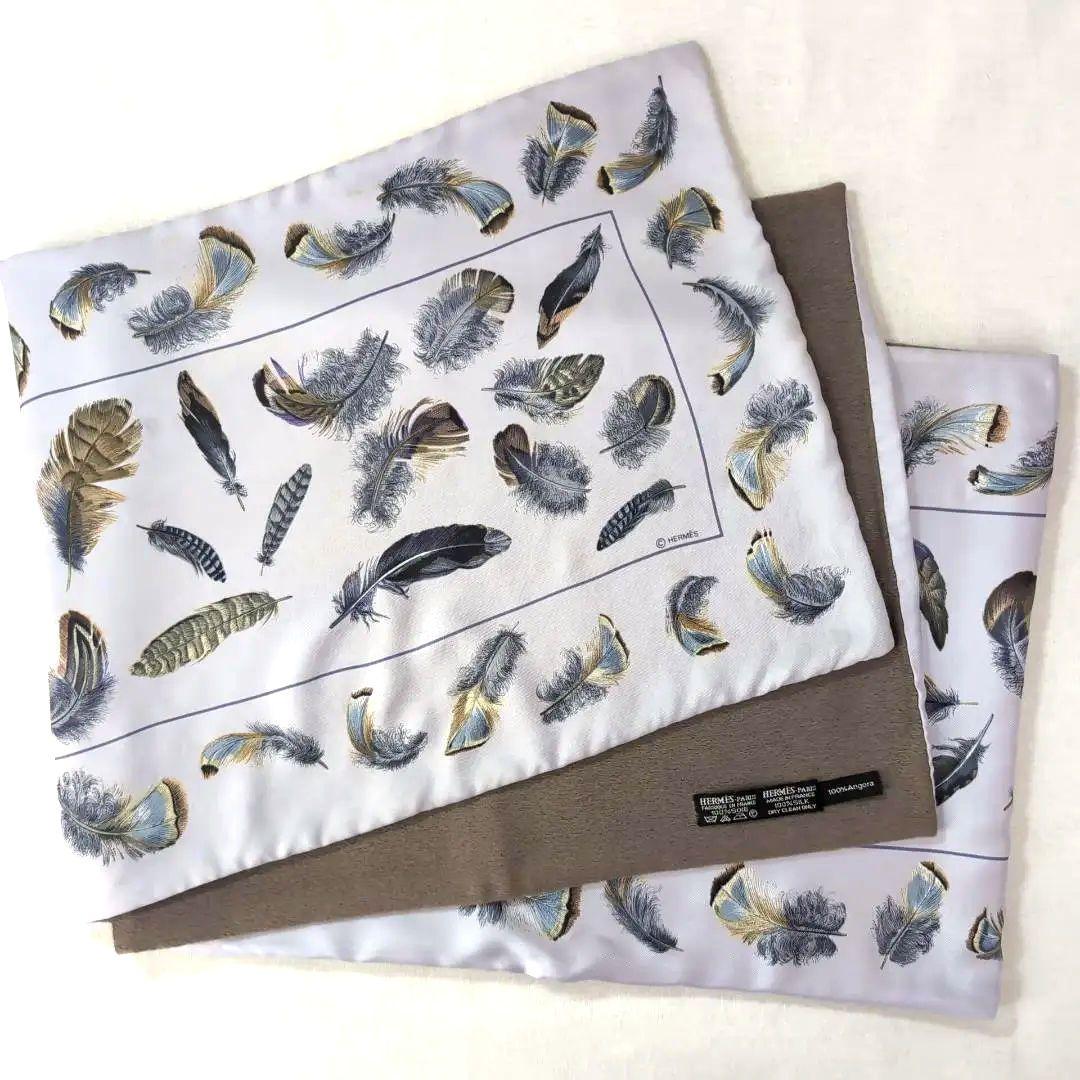HERMES リバーシブル大判ショール シルク×アンゴラ 羽根柄 青灰 d112