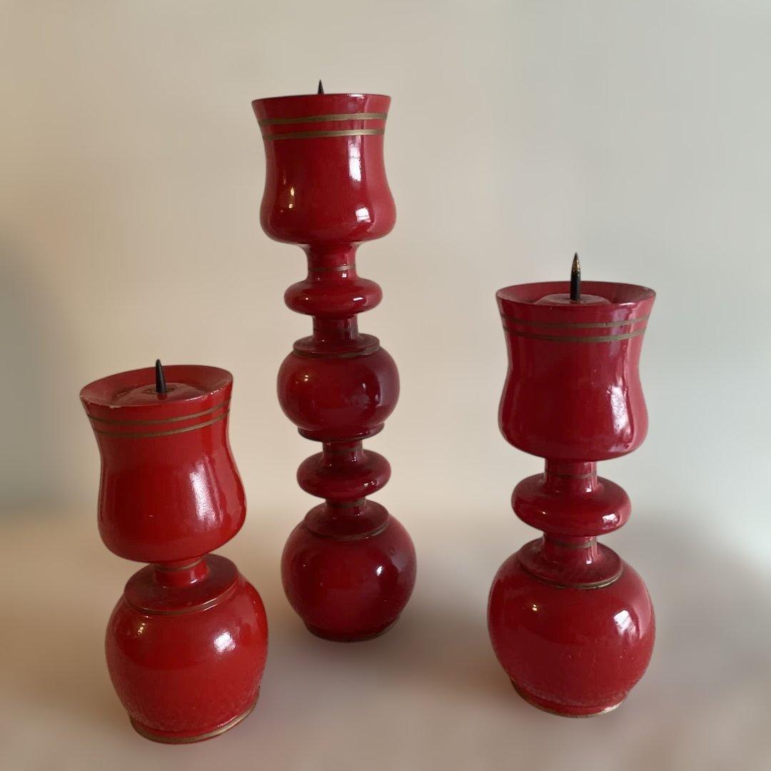 アンティーク 赤い 木製キャンドルホルダー 3個セット クリスマス 蝋燭台